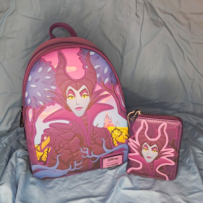 Loungefly Disney Maleficent Mini Backpack + Zip-Around Wallet Purple Pink