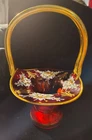 Vintage Murano Made In Italy Red Glass Basket Gold Gilding Hand Painted Flowers
