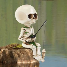 Skeleton Fishing Statue Garden Resin Sculpture Halloween Home Landscape Decor