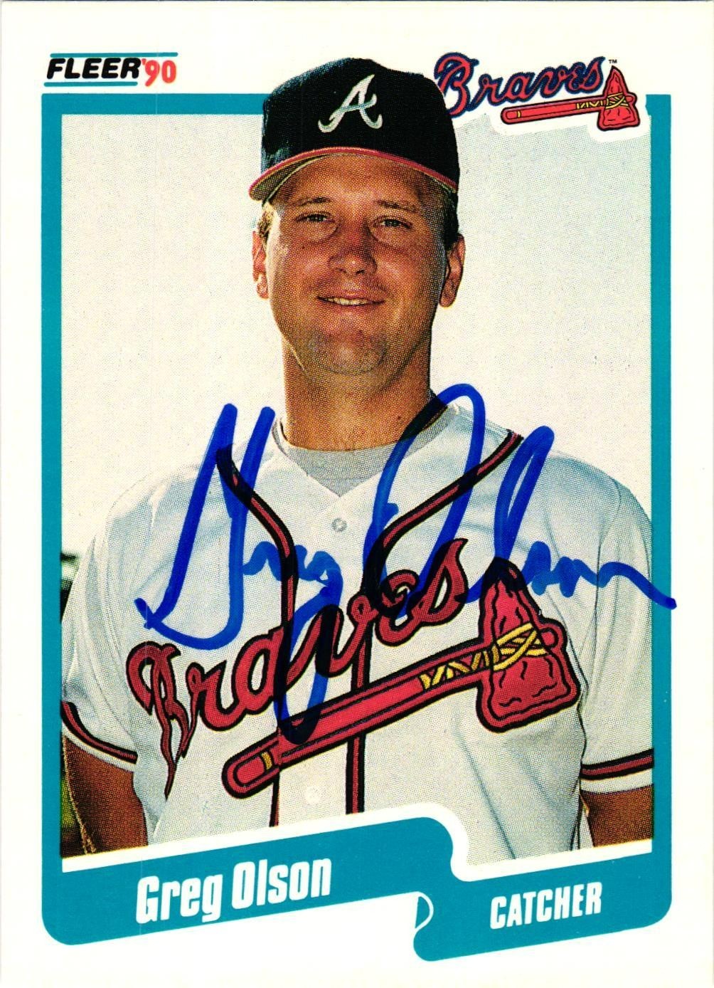GREG OLSON signed 1990 Fleer MBL Baseball Card BRAVES AUTO card #U-5