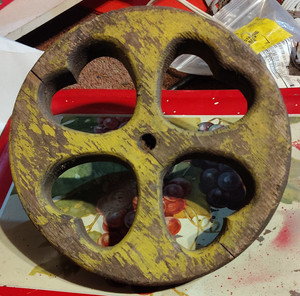 Vintage Wooden Pulley Wheel/Block Component, Yellow Paint, 4-Spoke Center Hub