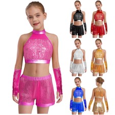 Kid Girl's Crop Top Shorts Tassel Arm Sleeves Sequin Dance Outfits Cheer Uniform