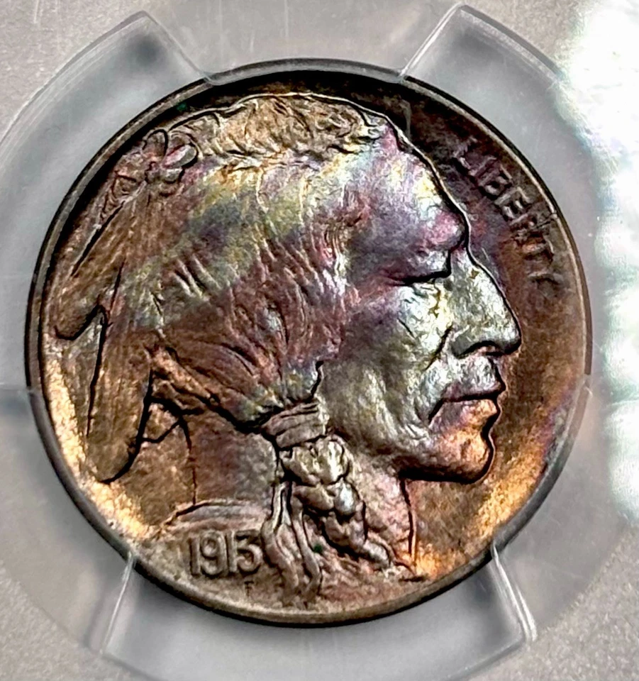1913-D Buffalo MS64 Type1 PCGS Certified Die Break R Beautiful Tone Rev Rotated - Image 3 of 4