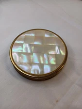 Vintage Max Factor Mother Of Pearl Round Compact Mirror/Creme Puff/usa Goldtone