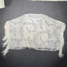 Reba Womens Medium Silver Cream Metallic Lace Fringe Poncho Blouse Made in USA