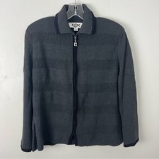 Vintage St. John Charcoal Ribbed Knit Zip Cardigan Womens size 12 Gray Black