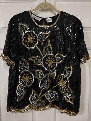 Vintage GOLD BEADED SEQUIN  TOP Night Vogue Sz XL Black Silk MobWife Maximalist