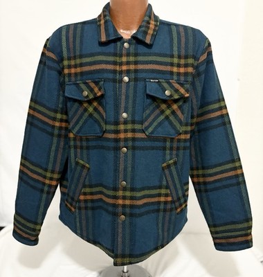BRIXTON MEN'S DURHAM SHERPA LINED JACKET PLAID PRINT BLUE GREEN BLACK MEDIUM
