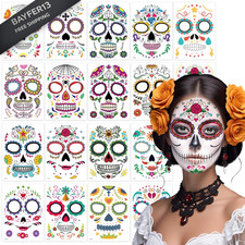 18 Pack Day of the Dead Face Tattoos, Sugar Skull Catrina Makeup