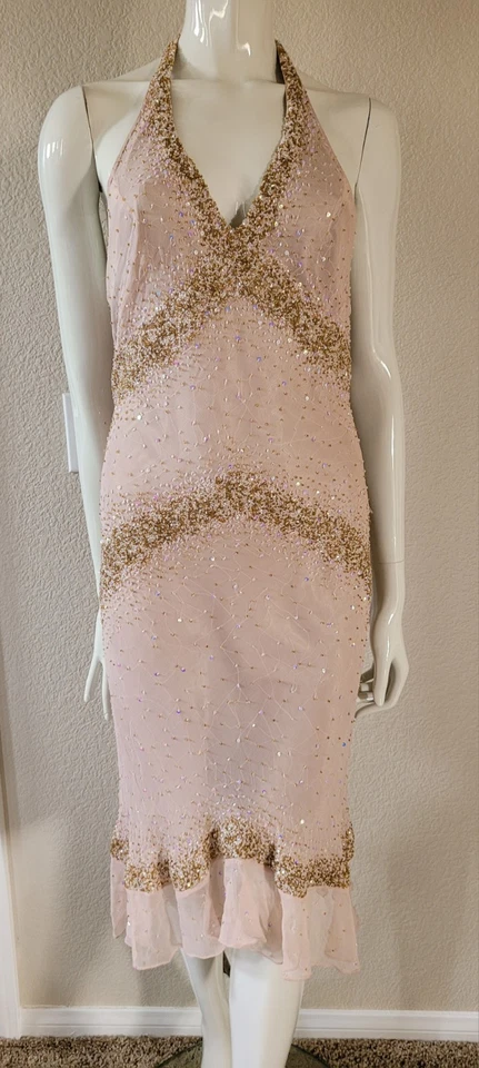 VTG PAPELL Boutique Evening Silk Beaded Holo Sequin Champaign Halter Dress sz 6 - Image 2 of 4