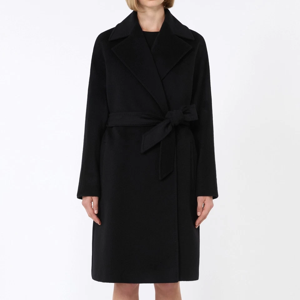 Max Mara Studio Wool Robe Midi Coat In Black W/ Pockets -Women's Size M/US8/IT42