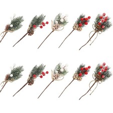 10 Pcs Artificial Christmas Mini Berry Picks Faux Pine Stems Floral Arrangement