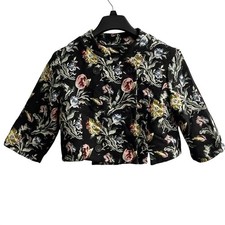 Vintage Jacquard Woven Tapestry Blazer Women M Black Dark Floral Cropped Brocade