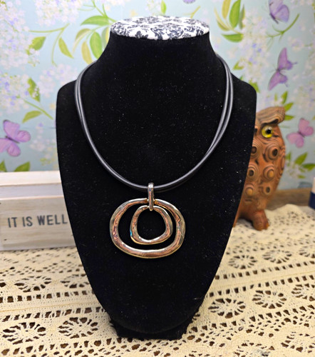 Chico’s Silver Tone Double Circle Pendant Necklace Black Cord Statement
