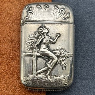ANTIQUE STERLING SILVER MATCH SAFE ART NOUVEAU SMOKING LADY BLOWING SMOKE RELIEF