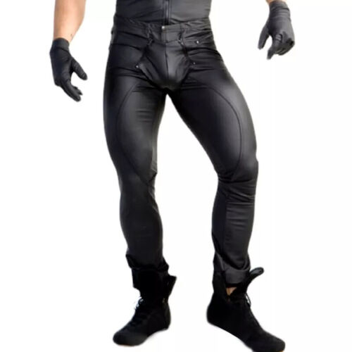 Mens Faux Leather Motorcycle Tight Pants PVC Long Trousers Party Skinny Leg Pant - Afbeelding 1 van 7