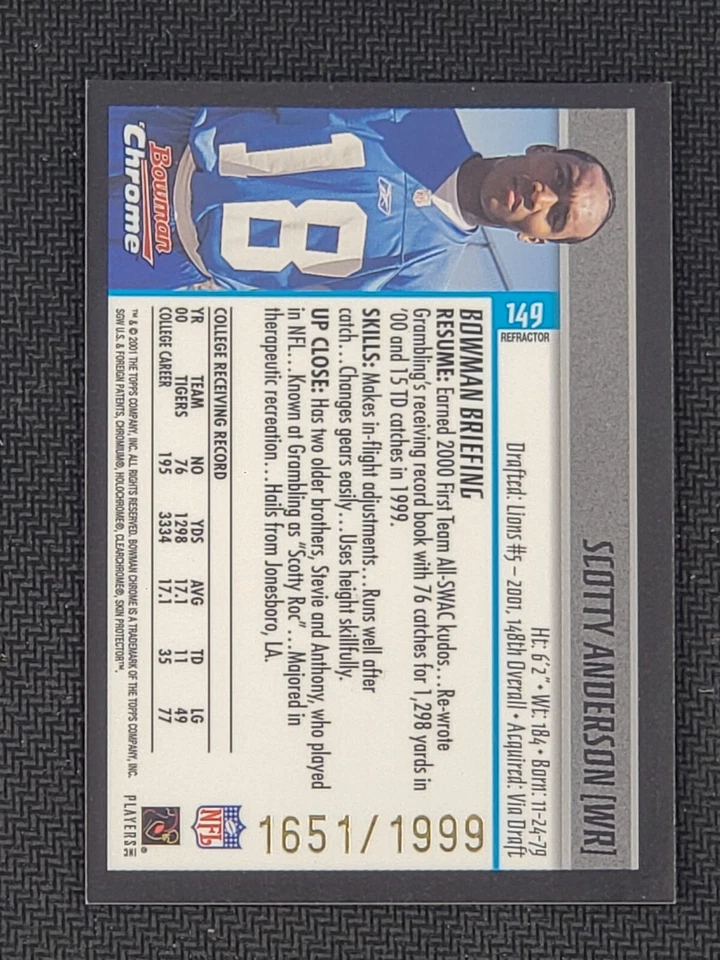 2001 Bowman Chrome Scotty Anderson RC #149 Refractor Rookie #'d /1999 Lions - Image 2 of 2