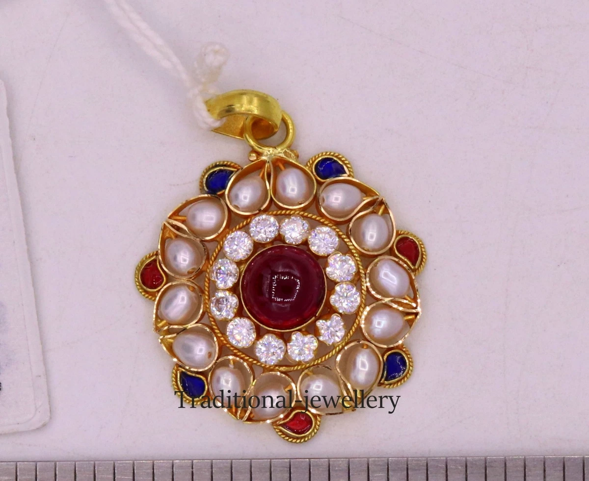 PEARL RED STONE JADAU TRADITIONAL DESIGNER GOLD PENDANT MEENAKARI