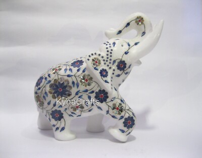 20.3cm Marmor Elefant Statue Glänzend Edelstein Inlay Arbeit Gift-Able Elefant