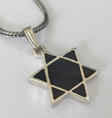 Men's Silver Star of David Necklace Vintage Black Enamel Patina Foxtail 925 Gift
