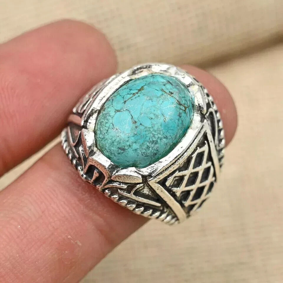 Anillo de plata de ley 925 con piedras preciosas turquesa para hombre todas las tallas D27 Foto 2 de 4