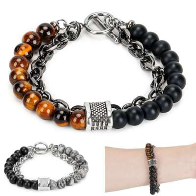 Stainless Steel Bracelets Natural Map Stone Men's Women Beaded Tiger Eye Jewelry