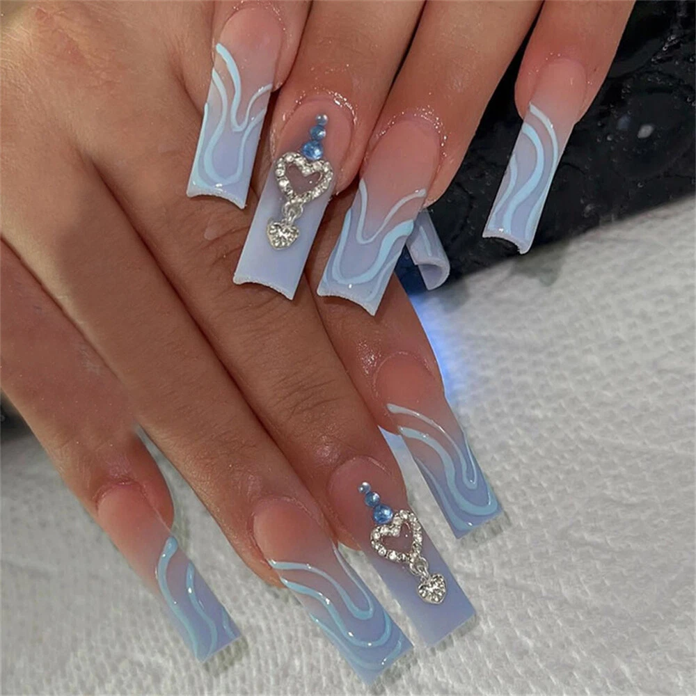 Amazon.com: Long Press on Nails Coffin French Tips Fake Nails Mini Crystals  Rhinestone Full Cover Nails Tips Nude False Nails with Micro Glass Diamonds  Designs Nail Decorations White Glue on Nails for