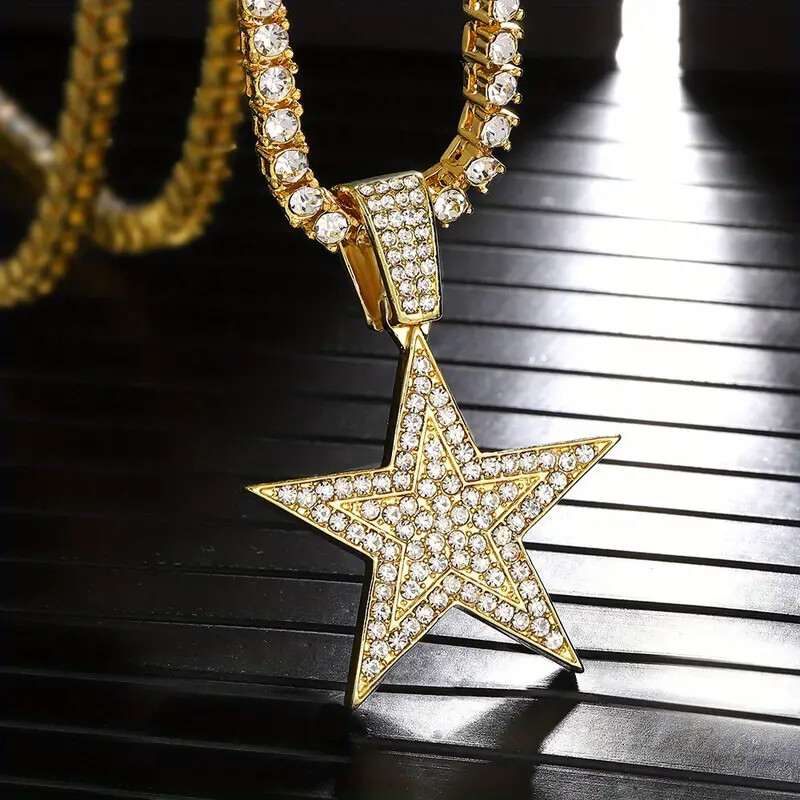 Gold Star Hip Hop Icy Pendant & Iced 1 Row Cubic Zirconia Tennis