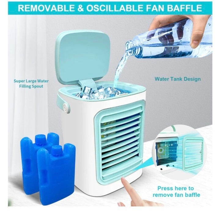 Enfriador de Aire, Enfriador de Aire Portátil 4 en 1, Ventilador de Aire Acondicionado Personal con 2 Hielos