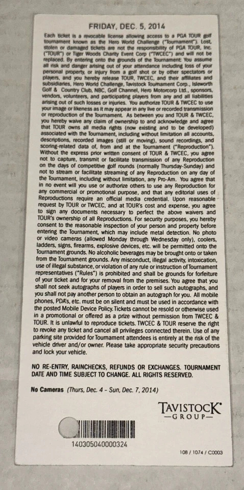 Boleto fotográfico Hero World Challenge Clubhouse Champions Parrilla Tiger Woods Foto 2 de 2