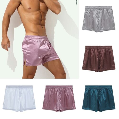 Satin Boxer Briefs Men's Pajamas Underwear Nightwear Beach Shorts Deep Pink - Foto 1 di 25