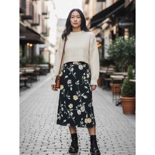 Savion Vintage Black Cream Floral Midi Skirt Size 12 Cottagecore