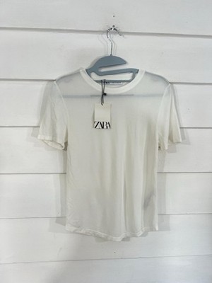 New ZARA Women T-Shirt White Top Short Sleeve Semi Sheer Detail Size M Y893A