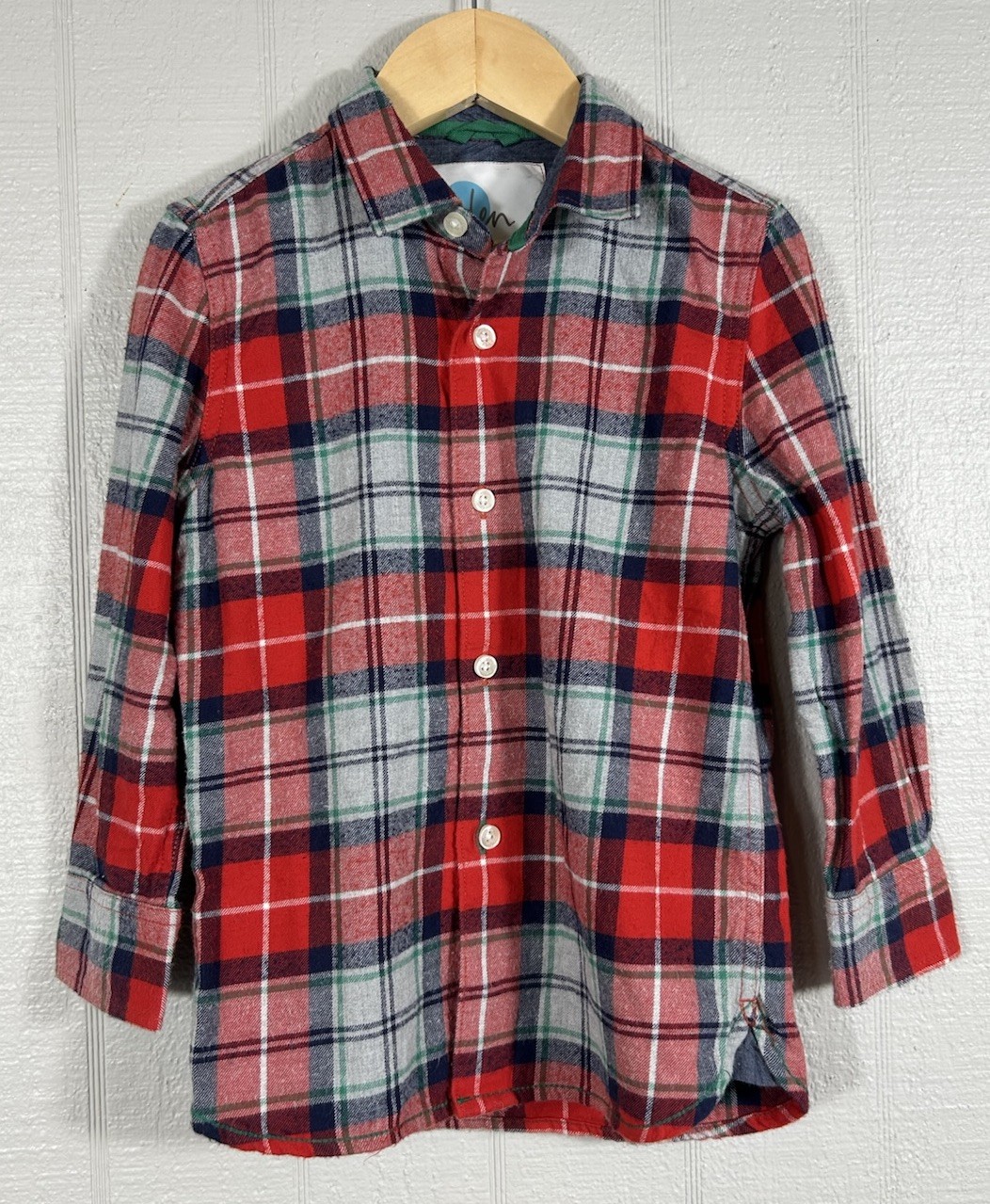 Mini Boden Shirt Boys 5-6Y 116cm Red Gray Plaid Flannel Button Down Cotton EUC
