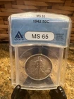 1942 P  Walking Liberty Half Dollar, BU, MS 65 ANACS
