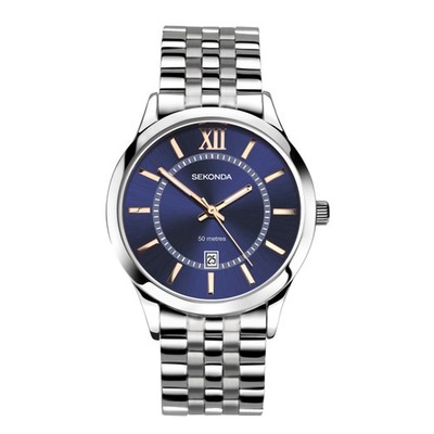 Sekonda Herren Silber Edelstahl Armband mit blauem Zifferblatt Uhr