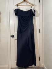 Xscape Navy Off the Shoulder Plus Size Gown Dress 18W Ruffle Ruched Accents