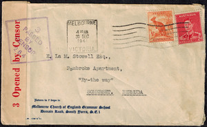 WWII Australia 1941 Censor Cover w/ Australia Censor Tape #3 & Censor H/S #264