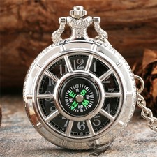 Hollow Compass Decor Case Quartz Analog Pocket Watch Pendant Necklace Men Women