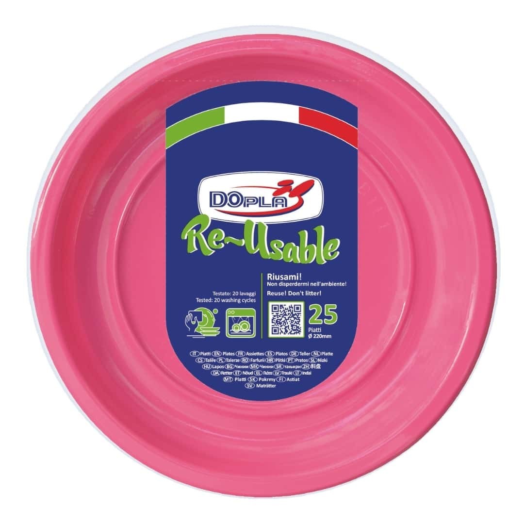 Dinner Plates Reusable Fuchsia ø 22 CM 25pz Plastic - Dopla - Party Birthday