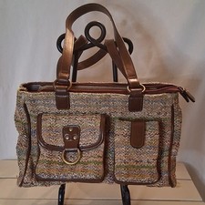 Multicolor Woven Satchel Top Handle Bag Brown Accents Pockets Vintage