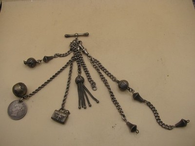 Antike Sterling Silber Multi Strang Albertina Taschenuhrkette - ausgefallen