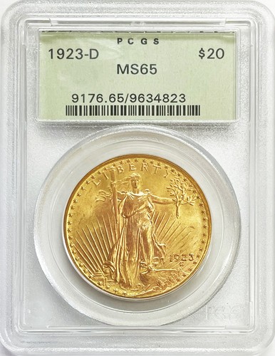 1923 D GOLD $20 PCGS MS 65 SAINT GAUDENS DOUBLE EAGLE GREEN LABEL COIN PQ