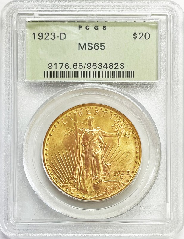 1923 D GOLD $20 PCGS MS 65 SAINT GAUDENS DOUBLE EAGLE GREEN LABEL COIN PQ