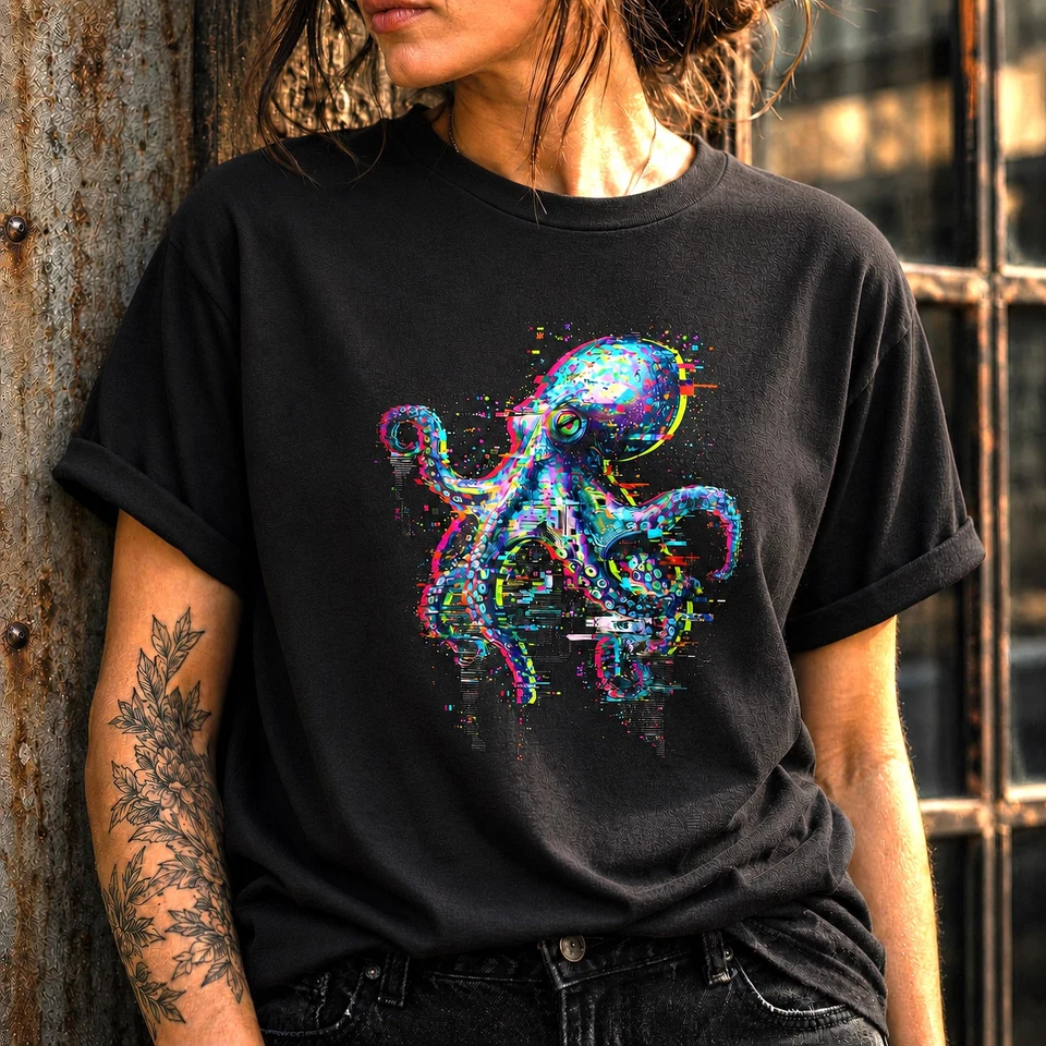 Oktopus Glitch Unisex T-Shirt | Cyberpunk Kraken Motiv | Techno Rave & Gamer - Bild 1 von 1