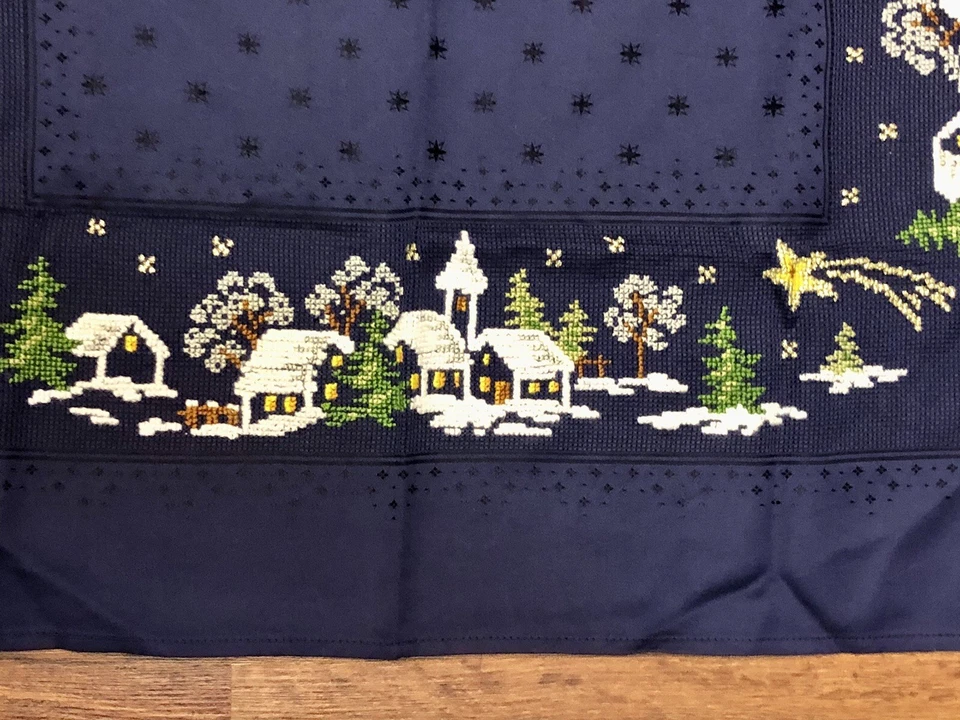 Vtg German Christmas Table Topper Cross Stitched Village Scene Blue White 31.5” - Image 3 of 4