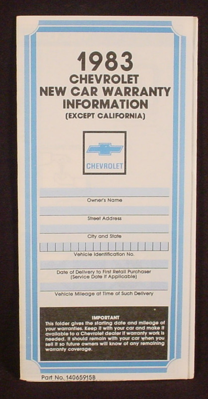 1983 Chevrolet Car Warranty  Booklet  - NEW OLD STOCK
