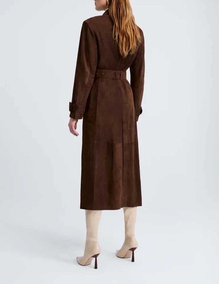 Женское темно-коричневое замшевое пальто-тренч | длинное двубортное пальто с поясом | El - Изображение 2 из 4