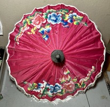 Vintage Thai Hand Painted Parasol Sun Umbrella 21 L Diameter Bamboo Structure