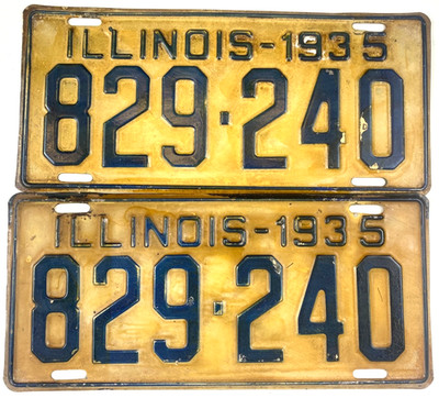 Vintage Illinois 1935 Auto License Plate Set Pair 829-240 Man Cave Pub Decor